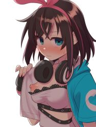 1girl black_hair blue_eyes blue_jacket blush bow_hairband breasts cropped_jacket fingerless_gloves gloves hairband headphones headphones_around_neck highres hood hood_down hooded_jacket jacket kizuna_ai kizuna_ai_(a.i._games) kizuna_ai_inc. looking_at_viewer medium_breasts medium_hair multicolored_hair nipples one_breast_out open_clothes open_jacket organ_rn pink_nails short-sleeved_jacket short_sleeves simple_background solo streaked_hair sweatdrop upper_body white_background