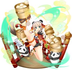1girl bare_shoulders blush breasts bridge china_dress chinese_clothes clothing_cutout detached_sleeves dress eating food full_body green_eyes grey_hair holding holding_food large_breasts leg_up long_sleeves looking_at_viewer maeda_matazaemon_wanko_toshie mtu_(orewamuzituda) navel navel_cutout panda sengoku_koihime short_hair simple_background solo steamed_bun thighs transparent_background
