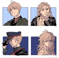 1boy 1girl adjusting_clothes adjusting_headwear antenna_hair aohitsugi_nemu aohitsugi_samatoki bags_under_eyes before_and_after black_gloves black_jacket black_sweater blue_background blush bra_strap breasts brother_and_sister cigarette cleavage collarbone collared_shirt commentary_request ear_piercing earrings fingernails from_side genderswap genderswap_(ftm) genderswap_(mtf) gloves green_jacket hair_behind_ear hair_between_eyes hair_slicked_back happy hat head_on_hand high_collar highres holding holding_cigarette hoop_earrings hypnosis_mic inset_border jacket jewelry leaning_forward leather leather_jacket light_frown light_smile long_hair long_sleeves looking_ahead looking_at_viewer looking_back loose_hair_strand male_focus multiple_piercings multiple_views necklace open_mouth outside_border pale_skin peaked_cap piercing pink_eyes pink_trim profile raised_eyebrows red_eyes ribbed_sweater serious shirt short_hair siblings sidelighting simple_background smile sweater twitter_username urata_(kogasitata) v-shaped_eyebrows white_background white_hair white_shirt