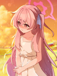 +_+ 1girl absurdres alternate_costume alternate_hairstyle blue_archive blush cloud cloudy_sky collarbone commentary_request dress dusk flat_chest furrowed_brow gradient_sky hair_between_eyes hair_ribbon halo highres koyuki_(blue_archive) lee0fld light_particles long_hair looking_to_the_side one_side_up orange_sky outdoors pinafore_dress pink_hair pink_halo pleated_dress purple_ribbon ribbon sidelocks sky sleeveless sleeveless_dress solo thick_eyebrows very_long_hair yellow_dress