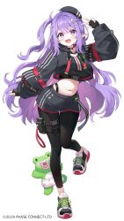 1girl arm_up ayamy black_choker black_hat black_jacket black_pantyhose black_shirt black_shorts breasts choker crop_top crop_top_overhang cropped_jacket eepy_sleepy eepy_sleepy_(sleepy_2.0) full_body hat highleg highres jacket large_breasts leg_up long_hair long_sleeves looking_at_viewer midriff navel one_side_up open_clothes open_jacket open_mouth pantyhose phase_connect pointy_ears purple_eyes purple_hair shirt shoes short_shorts shorts simple_background smile sneakers solo stomach undershirt very_long_hair virtual_youtuber white_background
