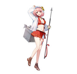 1girl absurdres alternate_costume bikini breasts brown_sandals cooler fire_emblem fire_emblem_engage fire_emblem_heroes fish flat_cap flower full_body hat highres holding_harpoon idenshi_hina jacket lapis_(fire_emblem) lapis_(forager_of_the_sea)_(fire_emblem) medium_breasts multicolored_bikini navel nintendo official_alternate_costume official_art open_mouth pink_eyes pink_hair red_bikini red_skirt sandals second-party_source skirt sunflower swimsuit two-tone_hat white_background white_hat white_jacket