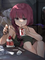 1girl alcohol_carton bare_shoulders black_bow black_nails bocchi_the_rock! bow braid cake closed_mouth collarbone commentary_request dress drinking_straw drinking_straw_in_mouth food funi_mu9 green_dress hair_bow highres hime_cut hiroi_kikuri indoors light_particles long_hair nail_polish purple_eyes purple_hair single_braid sitting solo spaghetti_strap strap_slip
