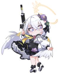 1girl azusa_(blue_archive) blue_archive chibi crossed_bangs flower gang_shi_shao_e_fan hair_flower hair_ornament halo highres holding holding_weapon long_hair long_skirt looking_at_viewer purple_eyes school_uniform skirt solo weapon wings