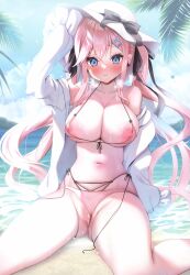 1girl :3 absurdres adjusting_clothes adjusting_headwear ayuma_sayu bare_shoulders beach bikini black_ribbon blue_bow blue_eyes blue_sky blush bow bow_earrings breasts cleavage closed_mouth cloud cloudy_sky coat collarbone day earrings frilled_coat frills front-tie_bikini_top front-tie_top hair_between_eyes hair_bow hair_ornament hair_ribbon hat hat_ribbon highres jacket jewelry large_breasts legs light_smile long_hair long_sleeves looking_at_viewer melonbooks micro_bikini mountainous_horizon navel nipples ocean off_shoulder open_clothes open_coat open_jacket open_shirt original outdoors palm_tree pink_bikini pink_hair pussy pussy_juice ribbon side-tie_bikini_bottom sitting sky sleeves_past_fingers sleeves_past_wrists solo spread_legs stomach string_bikini sun_hat swimsuit thighs thong tree twintails wariza water wet white_coat white_hat
