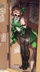 1girl absurdres akizuki_ritsuko antenna_hair arms_behind_back ball_gag bare_shoulders bdsm belt black_boots black_pantyhose black_skirt bondage boots bound bound_ankles bound_arms bound_thighs braid breasts brown_eyes brown_hair cad_(caddo) closet clothes_hanger collar collared_shirt commentary commission constricted_pupils english_commentary female_orgasm full_body gag glasses green_belt green_ribbon green_shirt high_heel_boots high_heels highres idolmaster idolmaster_(classic) indoors lace-up_boots navel neck_ribbon orgasm overskirt pantyhose red_collar restrained ribbon rolling_eyes saliva second-party_source semi-rimless_eyewear sex_toy shirt skirt sleeveless sleeveless_shirt solo standing sweatdrop tape under-rim_eyewear vibrator vibrator_cord vibrator_under_clothes