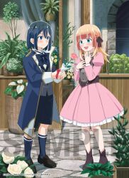 1boy 1girl absurdres ahoge anime_coloring apple ars_louvent blonde_hair blue_bow blue_bowtie blue_eyes blue_hair blue_socks blunt_bangs blush bob_cut boots bow bowtie collared_shirt copyright_name corset dress embarrassed eyebrows_hidden_by_hair flat_chest flower food fruit full_body green_apple grey_vest hair_between_eyes hair_ribbon highres holding holding_flower loafers long_hair long_sleeves lycia_plaid open_mouth outdoors pink_dress ribbon rose sample_watermark shirt shoes skirt smile socks standing tensei_kizoku_kantei_skill_de_nariagaru vest watermark white_shirt yahiro_yuuko
