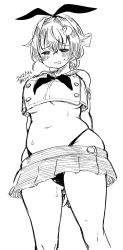 1girl arm_behind_back arms_behind_back black_hairband black_panties braid breasts cosplay crop_top embarrassed from_below greyscale hair_flaps hair_ornament hairband hairclip highleg highleg_panties highres jingei_(kancolle) kantai_collection kirisawa_juuzou large_breasts lineart long_hair low_ponytail microskirt miniskirt monochrome neckerchief panties pleated_skirt ponytail sailor_collar shimakaze_(kancolle) shimakaze_(kancolle)_(cosplay) single_braid skirt solo standing underwear