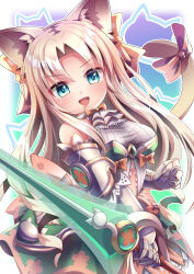 Rule 34 | 1girl, animal ears, armor, armored dress, blue eyes, breasts, brown hair, cat ears, cat tail, dress, emil chronicle online, hair ornament, hair ribbon, highres, holding, holding sword, holding weapon, large breasts, long hair, mitama elise, open mouth, ribbon, sword, tail, tail ornament, tail ribbon, weapon, yupi828
