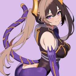 1girl ass bodysuit breasts brown_hair butt_crack cleavage clothing_cutout doubletwin elbow_gloves from_behind from_side gloves hair_between_eyes hair_ornament i:p_masquerena light_blush long_hair looking_at_viewer medium_breasts purple_eyes sidelocks simple_background smile solo tail twintails yu-gi-oh!