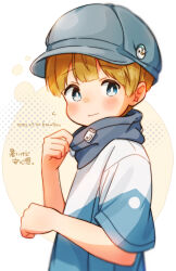 1boy arm_up artist_name badge bird blonde_hair blue_eyes blue_hat blunt_ends blush button_badge closed_mouth dated far_tarooo flying_sweatdrops hat highres looking_to_the_side male_focus nervous newsboy_cap original penguin shirt short_hair short_sleeves sideways_glance solo upper_body