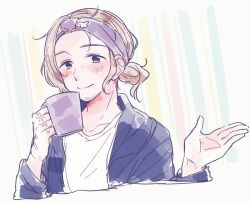 1boy axis_powers_hetalia blonde_hair blue_robe blush border closed_mouth commentary_request cup facial_hair france_(hetalia) hands_up holding holding_cup long_sleeves looking_at_viewer male_focus open_clothes open_robe outside_border ponytail purple_eyes robe saku_anna shirt short_hair short_ponytail smile solo striped_background t-shirt upper_body white_border white_shirt