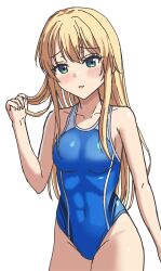 1girl abs absurdres blonde_hair blue_eyes blue_one-piece_swimsuit breasts covered_navel highres holding holding_own_hair long_hair medium_breasts multicolored_swimsuit one-piece_swimsuit original simple_background solo standing swimsuit user_yuvg8328 white_background