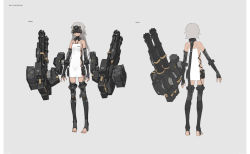 Rule 34 | 1girl, cyberpunk, dark skin, elbow gloves, expressionless, fingerless gloves, gloves, grey background, grey hair, gun, heavily armed high school girls, long hair, machine gun, multiple views, neco, null (heavily armed high school girls), original, simple background, stirrup legwear, thighhighs, toeless legwear, visor, weapon
