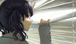 1girl absurdres black_hair blazer commentary_request deckomaru fukumaru_koito grey_jacket highres idolmaster idolmaster_shiny_colors jacket long_sleeves looking_ahead medium_hair open_mouth profile red_eyes school_uniform solo twintails window_blinds