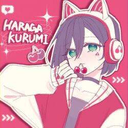 1girl alternate_costume animal_ear_headphones animal_ears arm_up arrow_(symbol) asymmetrical_hair black_choker black_hair black_shirt cat_ear_headphones character_name cherry chi_kan100 choker collarbone drop_shadow facial_mark fake_animal_ears food food_in_mouth fruit green_eyes hair_between_eyes hand_on_own_cheek hand_on_own_face haraga_kurumi headphones heart jacket kimi_no_koto_ga_dai_dai_dai_dai_daisuki_na_100-nin_no_kanojo letterman_jacket long_sleeves looking_at_viewer mouth_hold nail_polish no_pupils outline pixel_art_inset portrait red_background red_nails shirt short_hair sleeves_past_wrists solo sparkle spoken_heart white_outline