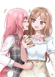 2girls absurdres anger_vein bang_dream! bang_dream!_it&#039;s_mygo!!!!! blue_eyes blue_shirt blush brown_hair brown_skirt cellphone chihaya_anon closed_eyes commentary dress fang grey_dress highres holding holding_phone long_hair long_sleeves looking_at_another mizzterbii multiple_girls nagasaki_soyo open_mouth phone pink_hair plaid_clothes plaid_dress shirt short_sleeves simple_background skirt smartphone smile white_background white_shirt