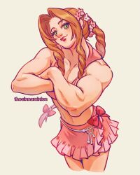 1girl aerith_gainsborough alternate_muscle_size bikini bikini_skirt bikini_top_only braid braided_ponytail brown_hair cropped_legs final_fantasy final_fantasy_vii final_fantasy_vii_remake green_eyes lips long_hair muscular muscular_female pink_bikini pink_skirt ponytail skirt smile solo standing swimsuit thar_chandran