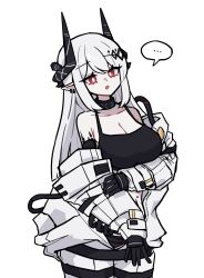 ... 1girl :o arknights bare_shoulders black_gloves black_horns black_sports_bra breasts bright_pupils cleavage commentary gloves highres hmrsh horns infection_monitor_(arknights) large_breasts long_hair long_sleeves looking_at_viewer material_growth mudrock_(arknights) mudrock_(elite_ii)_(arknights) off_shoulder open_mouth oripathy_lesion_(arknights) pointy_ears red_eyes simple_background solo spoken_ellipsis sports_bra white_background white_hair white_pupils