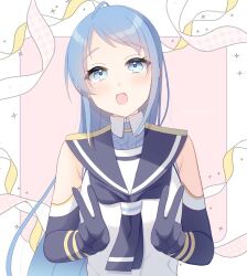 Rule 34 | 1girl, black neckerchief, blue eyes, blue hair, blush, double v, elbow gloves, gloves, happy birthday, kantai collection, kisaragi kanata, long hair, looking at viewer, neckerchief, open mouth, pink background, sailor collar, samidare (kancolle), school uniform, serafuku, shirt, skirt, sleeveless, sleeveless shirt, smile, solo, upper body, v, very long hair, white serafuku