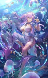 1girl absurdres asymmetrical_legwear blue_eyes blue_flower cantarella_(wuthering_waves) commentary dress earrings facial_mark feet floating_hair flower hair_flower hair_ornament hand_up headdress highres jellyfish jewelry jushoro large_ribbon long_hair mark_under_eye no_shoes purple_hair shrug_(clothing) single_sock single_thighhigh socks solo thighhighs thighs toes underwater uneven_legwear white_dress white_shrug white_thighhighs wuthering_waves