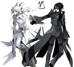 2boys black_hair coat commentary copyright_name creature_and_personification gen_5_pokemon legendary_pokemon long_hair male_focus multiple_boys nintendo personification photoshop_(medium) pokemon pokemon_(creature) reshiram starshadowmagician sunglasses white_hair yara_kami_meiosei zekrom