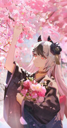 1girl absurdres black_hair black_horns black_kimono blue_archive blurry blurry_background bouquet cherry_blossoms closed_mouth collarbone commentary_request demon_horns ear_piercing falling_petals flower grey_hair hair_flower hair_ornament hairclip halo hand_up highres holding holding_bouquet horns japanese_clothes kayoko_(blue_archive) kayoko_(new_year)_(blue_archive) kimono liangyimo long_hair official_alternate_costume official_alternate_hairstyle petals piercing red_eyes smile solo standing swept_bangs wide_sleeves