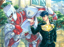 1boy black_hair closed_mouth crazy_diamond day gakuran hand_up heart higashikata_josuke highres hold111 index_finger_raised jojo_no_kimyou_na_bouken long_sleeves looking_to_the_side male_focus outdoors peace_symbol pompadour school_uniform stand_(jojo) standing