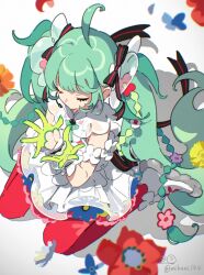 1girl ahoge closed_eyes dress from_above gloves green_gloves green_hair hatsune_miku hatsune_miku_japan_tour_2025_~blooming~ highres long_hair mikuni144 official_alternate_costume pantyhose red_pantyhose shoes sitting solo twintails very_long_hair vocaloid wariza white_dress white_shoes