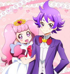 1boy 1girl aroma_(go!_princess_precure) aroma_(go!_princess_precure)_(human) bow bowtie brother_and_sister butler formal_clothes go!_princess_precure maid masako_(sabotage-mode) pink_hair precure puff_(go!_princess_precure) puff_(go!_princess_precure)_(human) purple_hair siblings traditional_bowtie