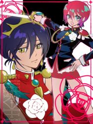 Rule 34 | 2girls, amate yuzuriha, black jacket, blue hair, cosplay, dress, flower, gundam, gundam gquuuuuux, himemiya anthy, himemiya anthy (cosplay), jacket, multiple girls, nyaan (gundam gquuuuuux), red dress, red hair, red shorts, shiorimii, shorts, shoujo kakumei utena, sketch, tenjou utena, tenjou utena (cosplay), twitter username, watermark, white background, white flower