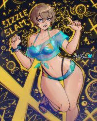 1girl arai_motoha bikini bikini_under_clothes blue_bikini blue_eyes hatidraw highres navel o-ring o-ring_bikini o-ring_top official_alternate_costume open_mouth persona persona_5 persona_5:_the_phantom_x short_hair solo stomach swimsuit thighs wide_hips