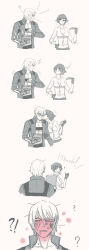 1boy 1girl ? anger_vein black_gloves black_hair coat dante_(devil_may_cry) devil_may_cry devil_may_cry_(series) devil_may_cry_3 fingerless_gloves food gloves green_eyes heterochromia highres holding holding_food holding_pizza jumpoon kiss kissing_cheek lady_(devil_may_cry) midriff pizza pizza_box pizza_slice red_eyes sketch thumbs_up white_hair