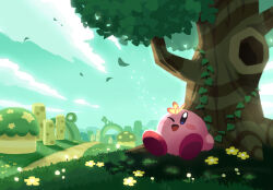 ;d aruco_co blue_eyes blue_sky blush blush_stickers bug butterfly butterfly_on_head cloud commentary_request day flower grass highres hill insect kirby kirby_(series) morpho_knight morpho_knight_(butterfly) nintendo no_humans on_grass one_eye_closed open_mouth outdoors path plant road scenery shade sitting sky smile solo star_(symbol) tree tree_hollow tree_shade vines white_flower yellow_butterfly yellow_flower