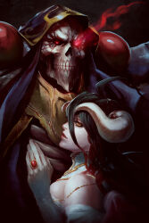 1boy 1girl ainz_ooal_gown albedo_(overlord) bad_id bad_pixiv_id black_hair breasts demon_girl demon_horns dress gloves highres horns large_breasts licking long_hair looking_at_viewer overlord_(maruyama) realistic skeleton skull slit_pupils white_dress white_gloves yellow_eyes
