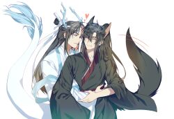 Rule 34 | 2boys, ^ ^, animal ears, black hair, black hanfu, blue shawl, blush, chinese clothes, closed eyes, closed mouth, couple, dragon boy, eastern dragon horns, eastern dragon tail, extra ears, fox boy, fox ears, fox tail, hair between eyes, hair ribbon, half updo, hanfu, headband, heart, highres, horns, hug, hug from behind, jujeop, kemonomimi mode, lan wangji, long hair, long sleeves, looking at another, male focus, modao zushi, motion lines, multiple boys, ponytail, ribbon, robe, sash, shawl, sidelocks, simple background, smile, tail, tail wagging, topknot, upper body, very long hair, wei wuxian, white background, white hanfu, white headband, wide sleeves, xiao guan (headdress), yaoi, yellow eyes
