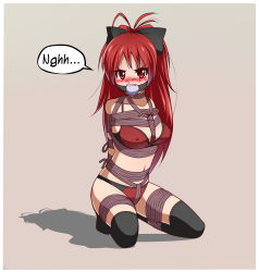 10s 1girl antenna_hair bad_deviantart_id bad_id ball_gag bdsm black_thighhighs blush bondage bound bra crotch_rope embarrassed english_text female_focus frogtie gag gagged highres jam-orbital long_hair mahou_shoujo_madoka_magica mahou_shoujo_madoka_magica_(anime) panties ponytail red_bra red_eyes red_hair red_panties sakura_kyoko shibari solo speech_bubble thighhighs underwear underwear_only