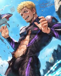 00rux 1boy abs bara black_bodysuit blonde_hair bodysuit covered_erect_nipples diving_suit english_text facial_hair final_fantasy final_fantasy_vii final_fantasy_vii_ever_crisis glenn_lodbrok highres large_pectorals male_focus muscular muscular_male navel open_mouth pectorals purple_bodysuit shark short_hair solo torn_bodysuit torn_clothes two-tone_bodysuit wetsuit