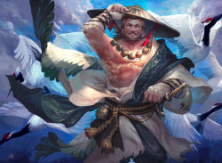 1boy alcohol bara beard bird brown_hair crane_(animal) day facial_hair feathers hand_up hat jewelry looking_at_viewer luerstine male_focus muscular muscular_male mustache necklace outdoors rice_hat rope sake sheath sheathed smile solo standing wings