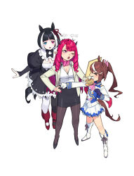 &gt;_&lt; 3girls :d ;o animal_ears ascot asymmetrical_gloves black_bow black_bowtie black_gloves black_pantyhose black_shoes black_skirt bloom_(irys) blue_eyes blunt_bangs boots bow bowtie breasts brown_hair cleavage commentary dasdokter drill english_commentary epaulettes fusion gloom_(irys) gloves hair_bow halo heterochromia highres hololive hololive_english horns horse_ears horse_girl horse_tail irys_(hololive) jacket knee_boots long_hair long_sleeves medium_breasts mismatched_gloves multicolored_hair multiple_girls nail_polish one_eye_closed open_clothes open_jacket open_mouth pantyhose pencil_skirt personification pink_ascot pink_bow pink_eyes pink_hair pink_nails pleated_skirt pointy_ears ponytail shoes short_hair simple_background single_epaulette skirt smile star_halo streaked_hair tail tokai_teio_(umamusume) triangle_mouth two-tone_hair umamusume very_long_hair virtual_youtuber white_background white_boots white_gloves white_hair xd