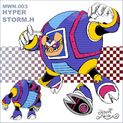 1boy animal_ears animal_feet ankle_boots ariga_hitoshi armor arms_up artist_name black_bodysuit blue_armor blue_footwear blue_helmet bodysuit boots brown_background character_name reference_sheet checkered_background commentary_request concept_art from_behind full_body gloves gradient_background grey_background helmet highres hyper_storm_h_(mega_man) joints looking_ahead looking_at_viewer male_focus mega_man:_the_wily_wars mega_man_(classic) mega_man_(series) mega_man_megamix multiple_views no_humans non-humanoid_robot open_hands pig_ears pig_nose red_eyes robot robot_joints scanlines screw shoe_soles signature simple_background snout standing three_quarter_view turnaround tusks white_background white_gloves
