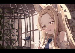 1girl animal_ear_fluff animal_ears backlighting bird bird_on_hand birdcage blonde_hair blue_archive blue_necktie buttons cage commentary detached_sleeves double-breasted drawing_(object) dress flower flower_wreath forehead fox_ears hair_flower hair_ornament halo highres indoors ivy letterboxed long_hair looking_at_animal necktie open_mouth parted_bangs seia_(blue_archive) sleeves_past_fingers sleeves_past_wrists smile solo upper_body white_dress window wizkey yellow_eyes