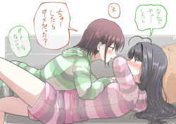 2girls 5tb awa_subaru black_hair blue_eyes blush commentary_request eye_contact girls_band_cry green_hoodie hair_down highres hood hoodie iseri_nina long_hair looking_at_another multiple_girls open_mouth pajamas pink_hoodie purple_eyes red_hair short_hair speech_bubble striped_clothes striped_hoodie sweatdrop translation_request yuri