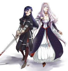 2020 2girls black_capelet blood blood_on_face blood_splatter blue_hair breasts brown_eyes capelet cleavage closed_mouth collarbone dress frown full_body gloves hair_intakes hairband half-closed_eyes highres holding holding_sword holding_weapon idolmaster idolmaster_(classic) jewelry kisaragi_chihaya knight long_dress long_hair long_sleeves medium_breasts multiple_girls pirata_(gailtonatiu) red_hairband red_legwear ring shijou_takane silver_hair simple_background standing straight_hair sword templar very_long_hair weapon white_background