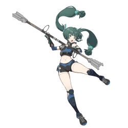 Rule 34 | 1girl, android, bare shoulders, black gloves, black shorts, blunt bangs, blush, braid, braided sidelock, elbow gloves, fingerless gloves, full body, gloves, green eyes, green hair, hair ribbon, highres, holding, kinokare, long hair, navel, open mouth, police, police uniform, policewoman, qingyi (zenless zone zero), ribbon, shoes, shorts, side braids, sneakers, solo, sphere hair ornament, three section staff, twintails, zenless zone zero