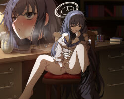 1girl anus bags_under_eyes biting_own_finger black_hair black_panties black_undershirt blue_archive blue_hairband blue_neckerchief blush book brown_halo cardigan close-up closed_mouth commentary_request crossed_bangs female_masturbation fingering grey_cardigan hairband halo kkkk_(k4) long_hair masturbation neckerchief on_chair open_mouth panties panties_around_leg pussy pussy_juice saliva school_uniform serafuku sitting skirt skirt_around_one_leg solo spread_legs sweat ui_(blue_archive) underwear white_serafuku