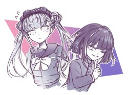 1boy 1girl black_bow bow brother_and_sister closed_mouth ear_piercing earrings gradient_background hair_bow hand_up jewelry limited_palette looking_at_viewer open_mouth piercing pink_background purple_background siblings simple_background smile the_hundred_line_-last_defense_academy- tsukumo_ima tsukumo_kako twins twintails upper_body white_background