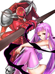 Rule 34 | 1boy, 1girl, colored skin, darkness, demon, demon girl, demon horns, galand, highres, holding, holding weapon, horns, leotard, long hair, melascula, mononono 1224, nanatsu no taizai, over-kneehighs, pink hair, pink socks, red eyes, red skin, simple background, sitting, smile, socks, thighhighs, twitter username, weapon, white background, white leotard, yellow eyes