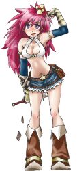 Rule 34 | 1girl, 2000s (style), belt, belt buckle, belt pouch, bikini, bikini top only, blue gloves, blue shorts, blush, boots, breasts, brown belt, brown boots, buckle, cleavage, commentary request, dagger, fingerless gloves, full body, fur-trimmed shorts, fur trim, gloves, holding, holding dagger, holding knife, holding weapon, john (strike-shank), knife, leaning forward, medium breasts, mushroom on head, navel, open mouth, pink hair, pointy ears, pouch, purple eyes, ragnarok online, short shorts, shorts, simple background, smile, solo, standing, star (symbol), swimsuit, weapon, white bikini, whitesmith (ragnarok online)