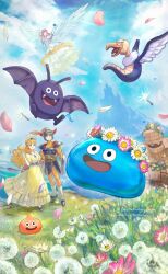1boy 2025 2girls 6+others akatamanegi_ill angel_wings anniversary armor baby_animal belt bird black_eyes blue_armor blue_gemstone blue_helmet blue_sash blue_sky bluesky_username blunt_bangs bodysuit boots cape castle chick chimaera_(dragon_quest) commentary_request curly_hair dandelion dandelion_seed dated dracky dragon_quest dragon_quest_i dress elbow_gloves fake_horns fangs feathered_wings floating_clothes floating_hair flower flying gem gloves golem_(dragon_quest) grass green_eyes head_wreath helmet hero_(dq1) highres holding holding_hands holding_shield horned_helmet horns jewelry long_hair metal_slime monster multiple_girls multiple_others necklace open_mouth orange_bodysuit orange_hair outdoors petals pink_flower pink_hair princess_laura puffy_short_sleeves puffy_sleeves red_cape red_gloves red_horns rubiss_(dragon_quest) sash she-slime shield short_sleeves sky slime_(dragon_quest) smile tiara twitter_username two-sided_cape two-sided_fabric white_boots white_cape white_dress white_flower white_gloves white_wings wings yellow_dress
